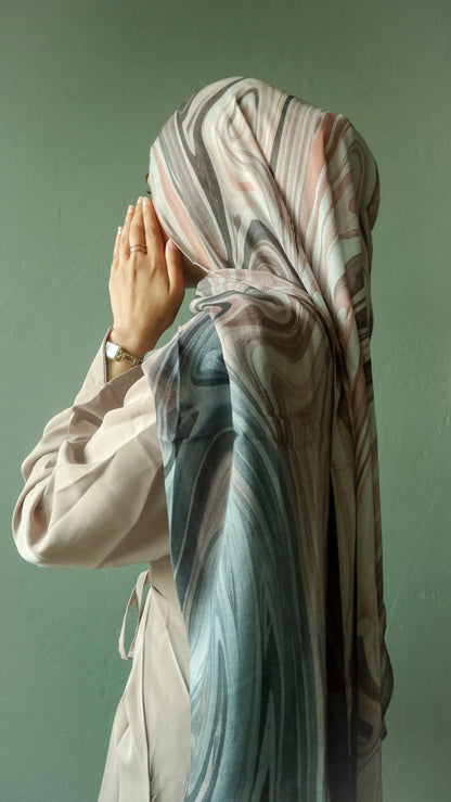 Aqua swirl printed modal hijab in aqua blue