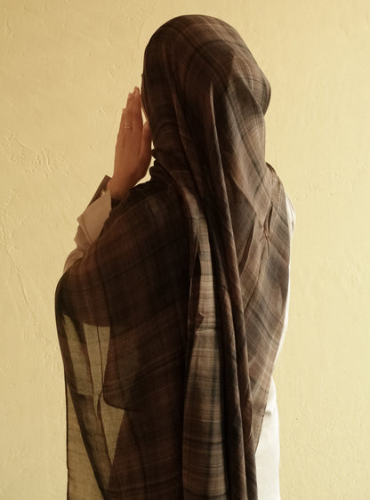 Coffee plaid printed modal hijab in coffee brown