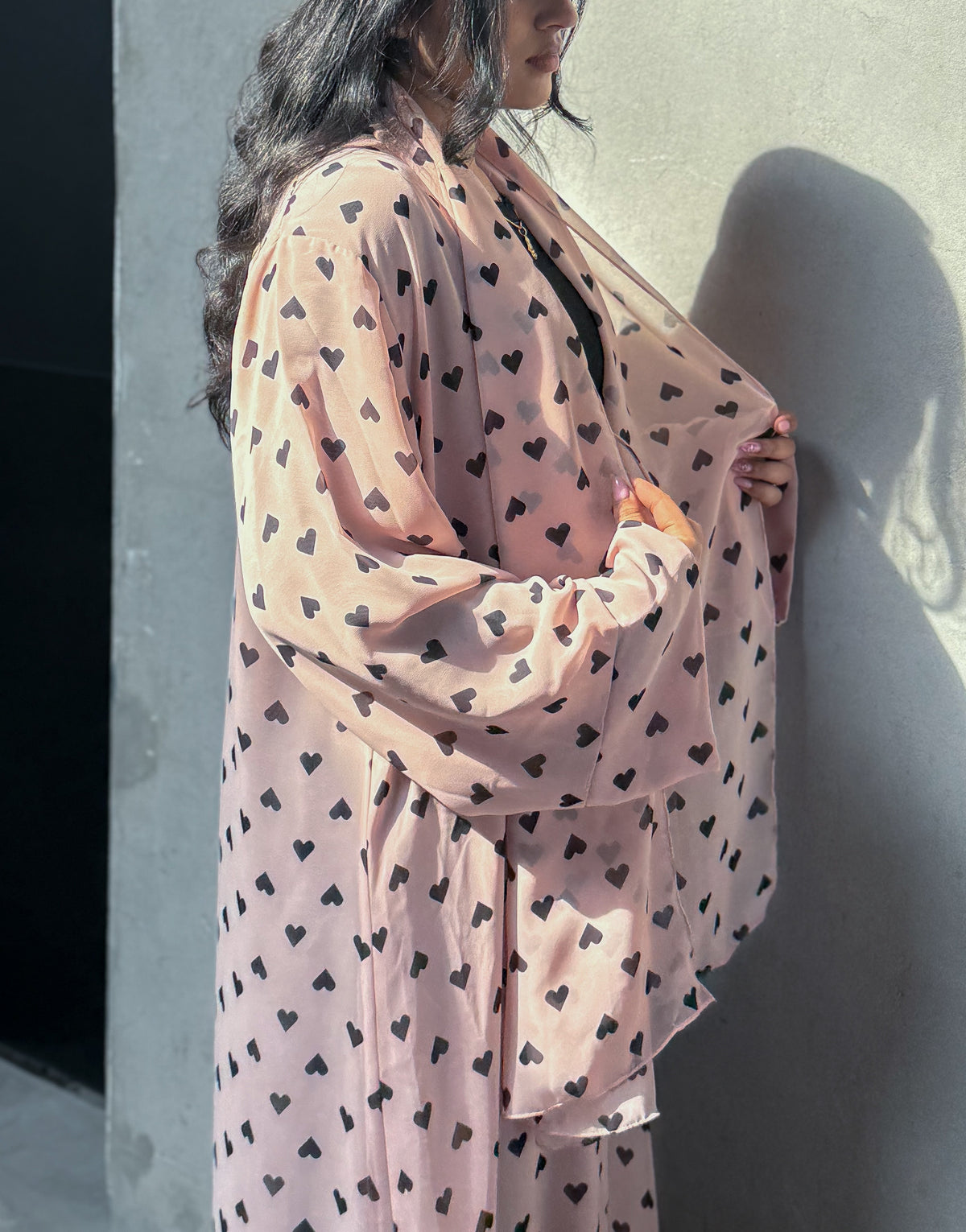 Pink Hearts heart-print kimono abaya with matching hijab