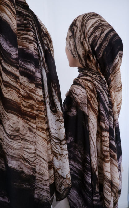 Black marble printed modal hijab in black