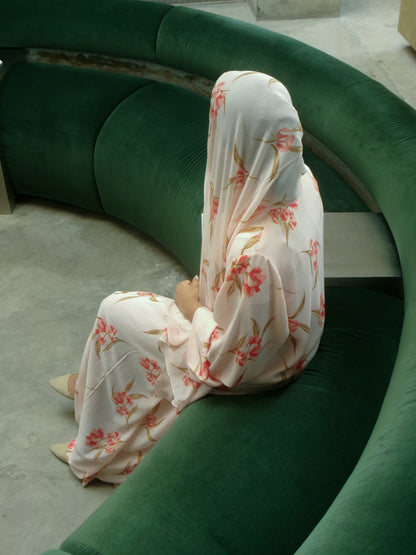 Blush Bloom kimono abaya in crushed chiffon with matching hijab