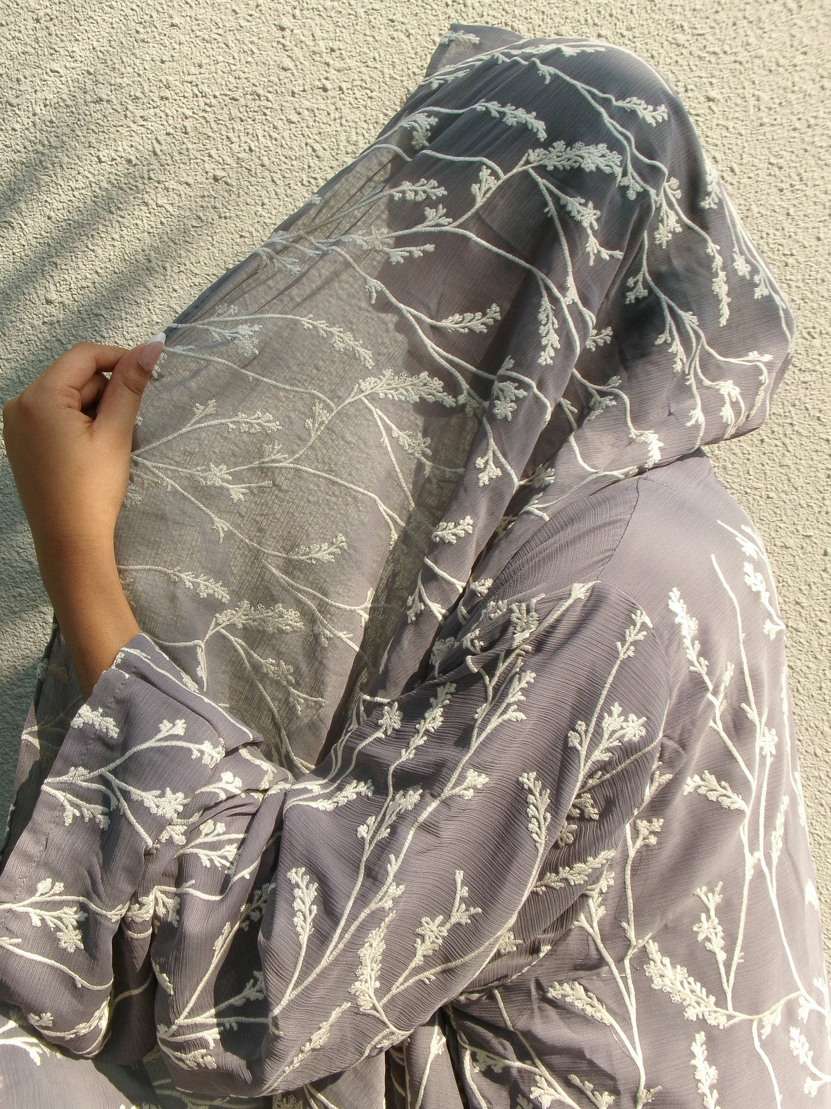 Grey Lavenders embroidered abaya, embroidery detail