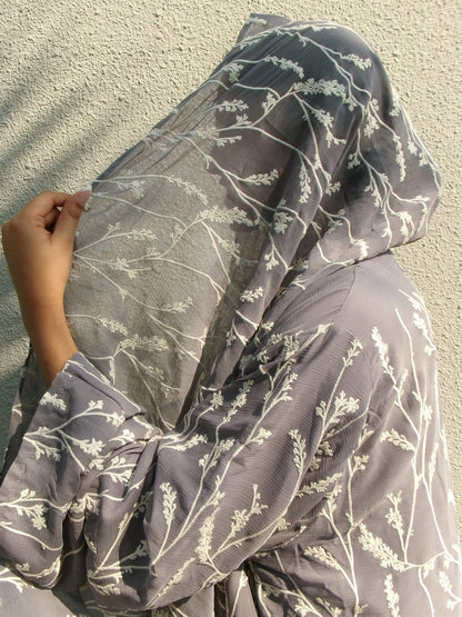 Grey Lavenders embroidered abaya, embroidery detail