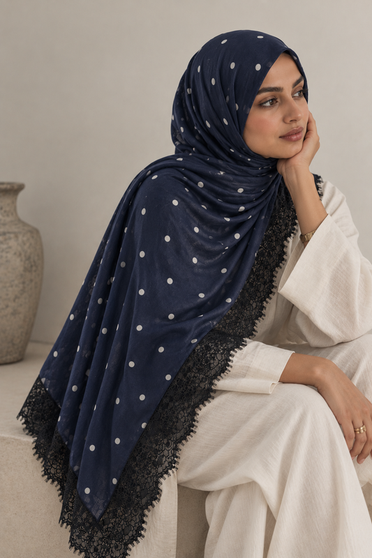 Navy & White Lace Printed Modal Hijab