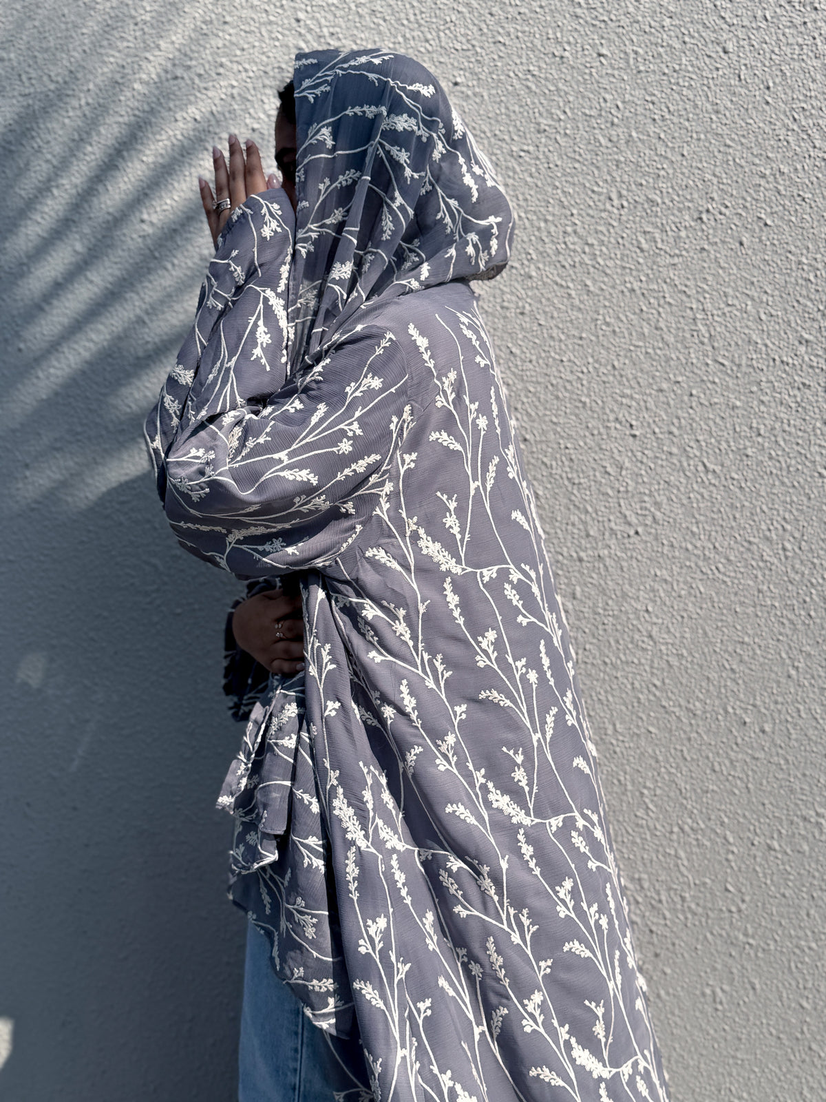 Grey Lavenders embroidered open-front abaya with matching hijab