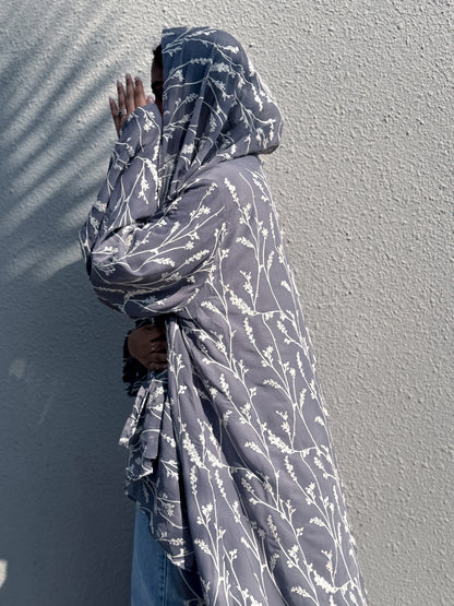 Grey Lavenders embroidered open-front abaya with matching hijab
