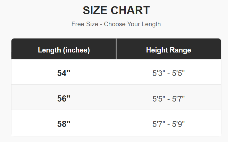 Abaya size chart: 54 inch length fits 5ft3 to 5ft5, 56 inch fits 5ft5 to 5ft7, 58 inch fits 5ft7 to 5ft9