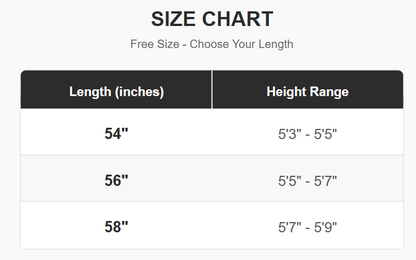 Abaya size chart: 54 inch length fits 5ft3 to 5ft5, 56 inch fits 5ft5 to 5ft7, 58 inch fits 5ft7 to 5ft9